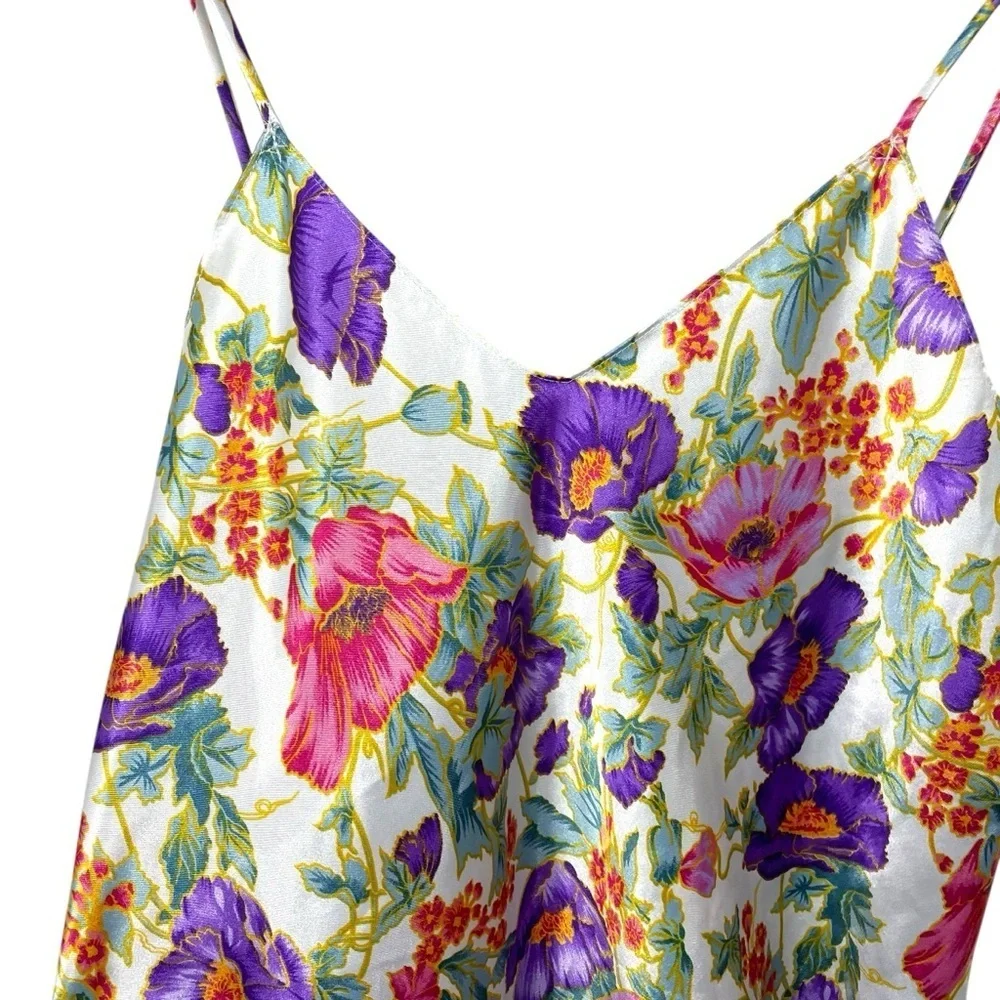 VINTAGE Satin Floral Ruffle Mini Slip Dress in White/Pink/Purple OS - Picture 4 of 8